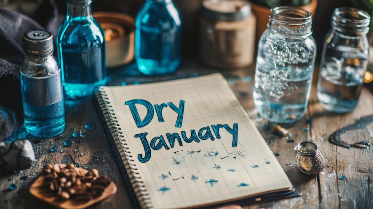 notebook that says 'dry january' surrounded by bottles of clear liquids