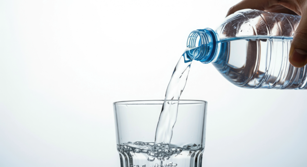 water from bottle being poured into clear glass