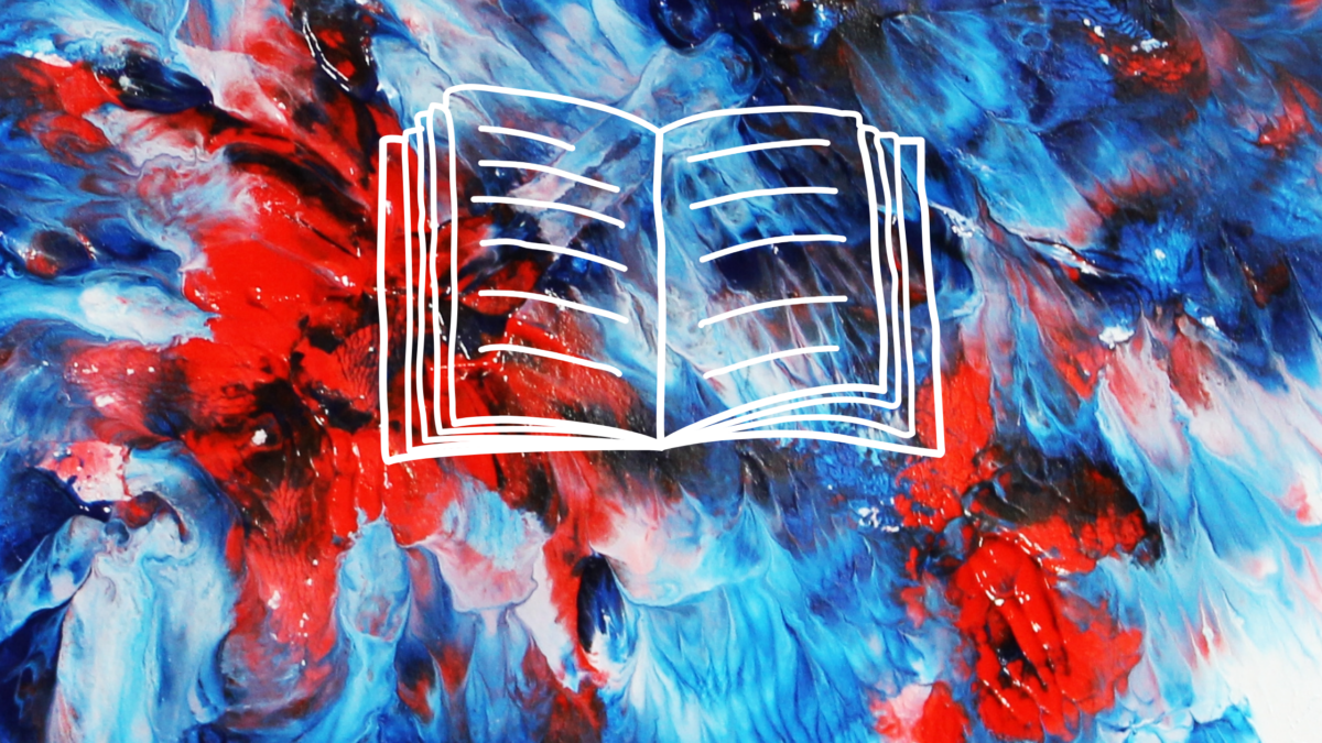 decorative red white and blue artwork with a sketched outline of an open book